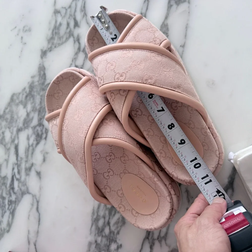 Gucci GG Canvas Platform Slide Sandals Light Pink Monogram Leather Trim 37